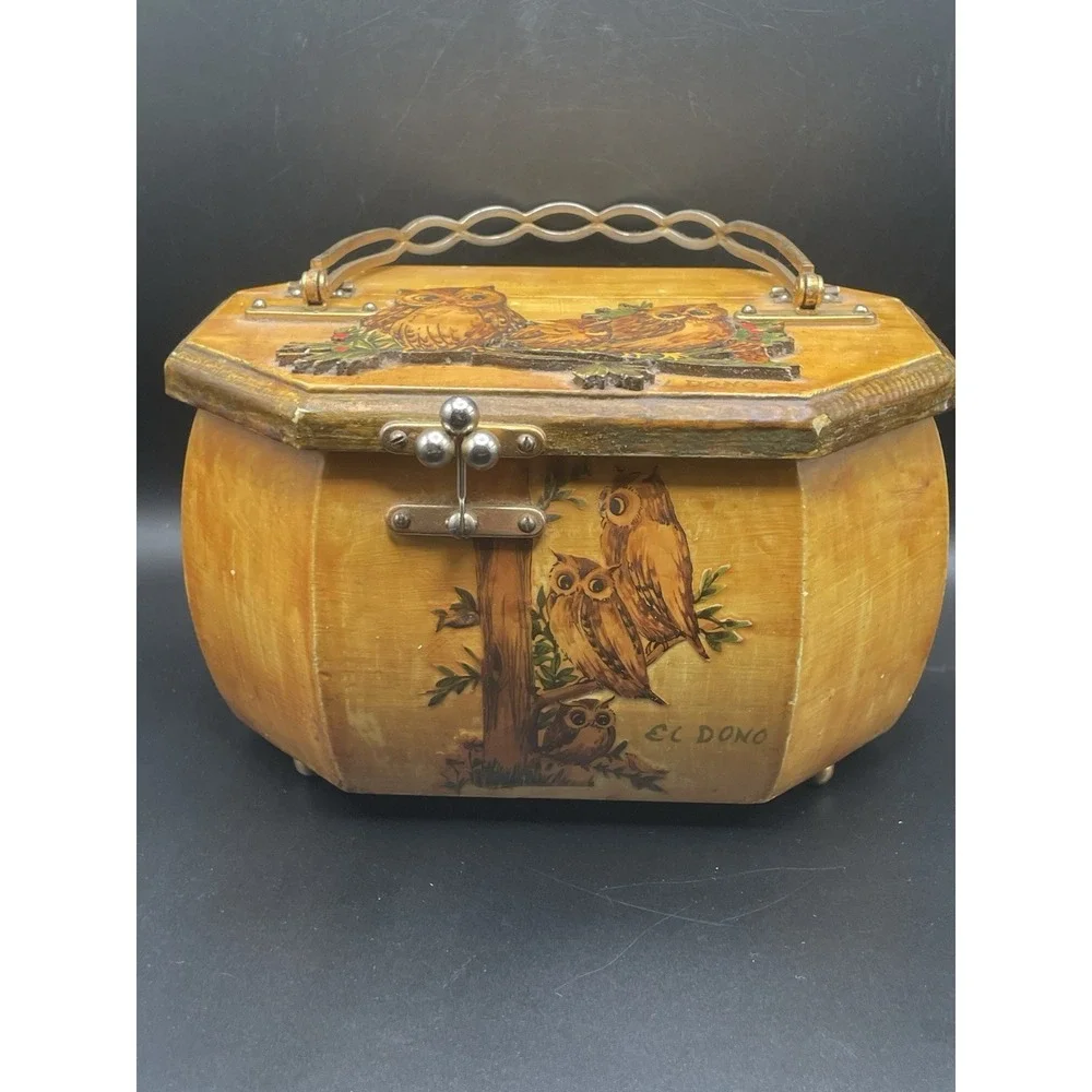 Rare Vintage 1960s-1970s Owl Wood Decoupage Purse